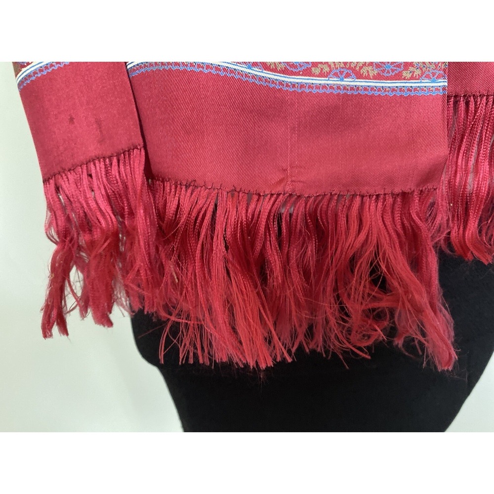 Japanese 100% Silk Fringe Vintage Red White Blue Rectangular Scarf 12"x45" NWOT - Picture 10 of 16